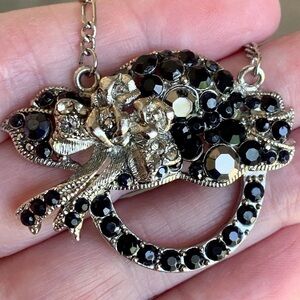 VTG Silver-Tone Black Rhinestones Circle Pendant Necklace Diamond Bar Chain 20"